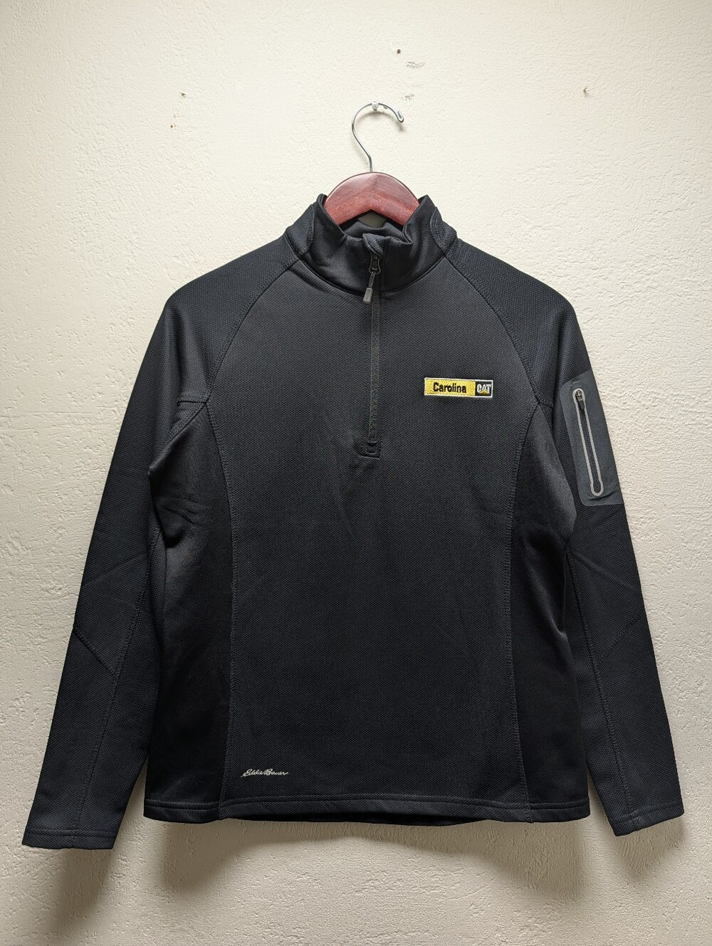Eddie Bauer Men's M Black 1/4 Zip Mock Neck Stretch Polyester CAT Logo Fleece